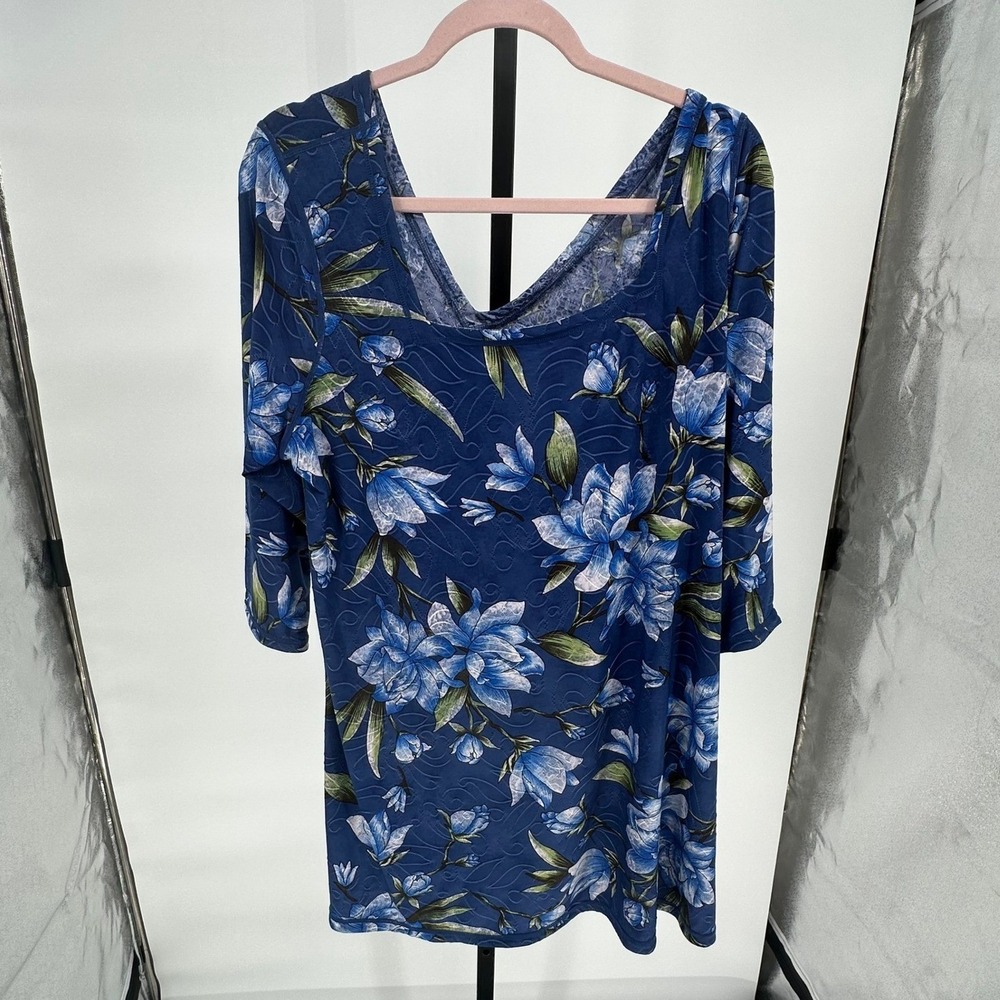 NWT Attitudes by Renée 1XL Blue Floral Print 3/4 Sleeve Dress V Neck Casual QVC